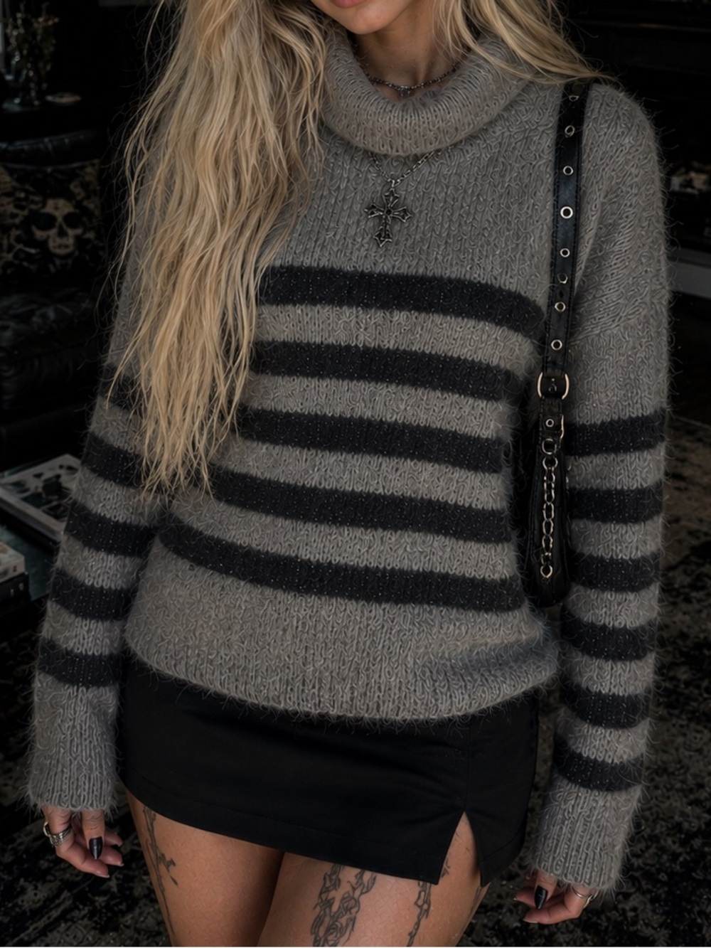 Striped Alt/Emo Essential Comfy Sweater in Gray and Black- Women’s